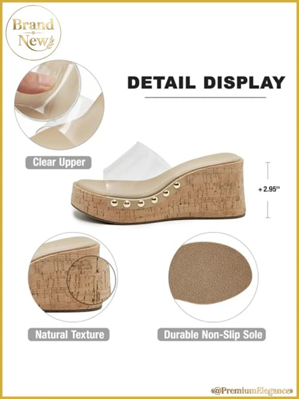 Women's Faux Leather Platform Wedge Slip-On Sandals with Studded Detail